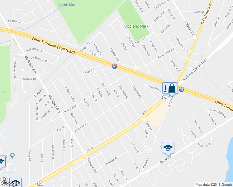 map of restaurants, bars, coffee shops, grocery stores, and more near 1126 Kirk Street in Maumee