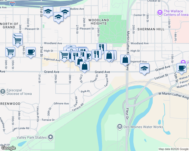 map of restaurants, bars, coffee shops, grocery stores, and more near 2404 Forest Drive in Des Moines
