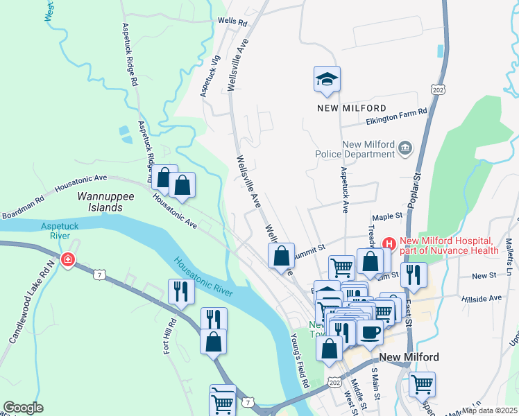 map of restaurants, bars, coffee shops, grocery stores, and more near Wellsville Avenue & Pleasant Street in New Milford