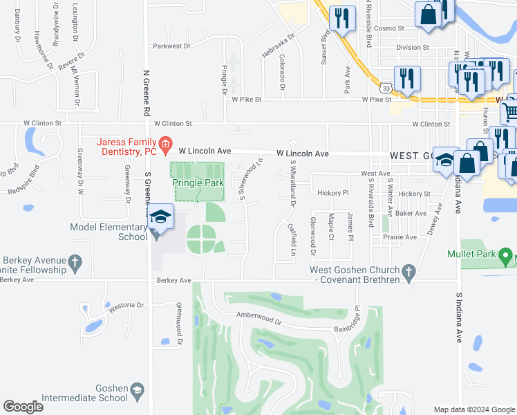 map of restaurants, bars, coffee shops, grocery stores, and more near 1806 Howard Court in Goshen