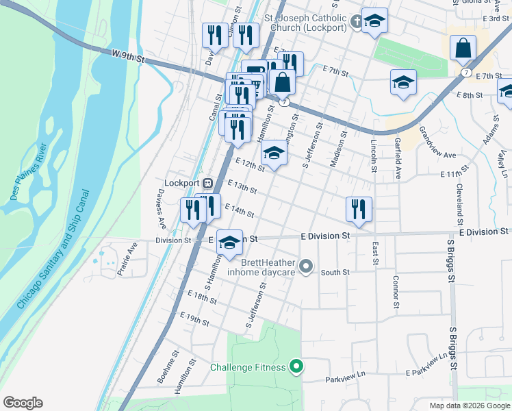 map of restaurants, bars, coffee shops, grocery stores, and more near 213 East 13th Street in Lockport