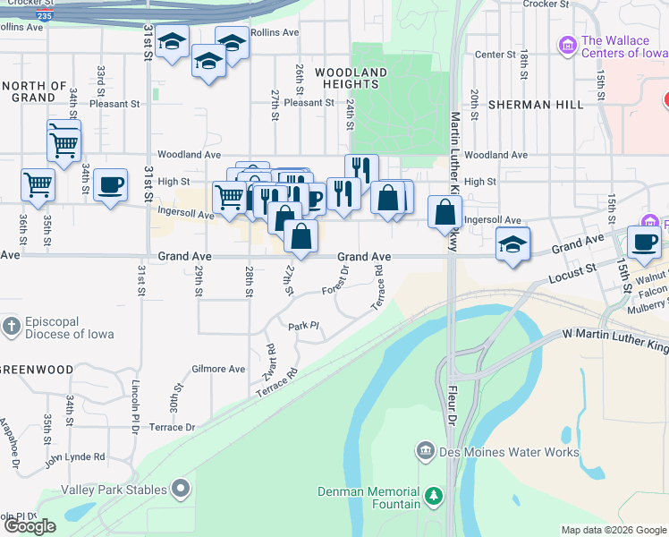 map of restaurants, bars, coffee shops, grocery stores, and more near 2404 Forest Drive in Des Moines