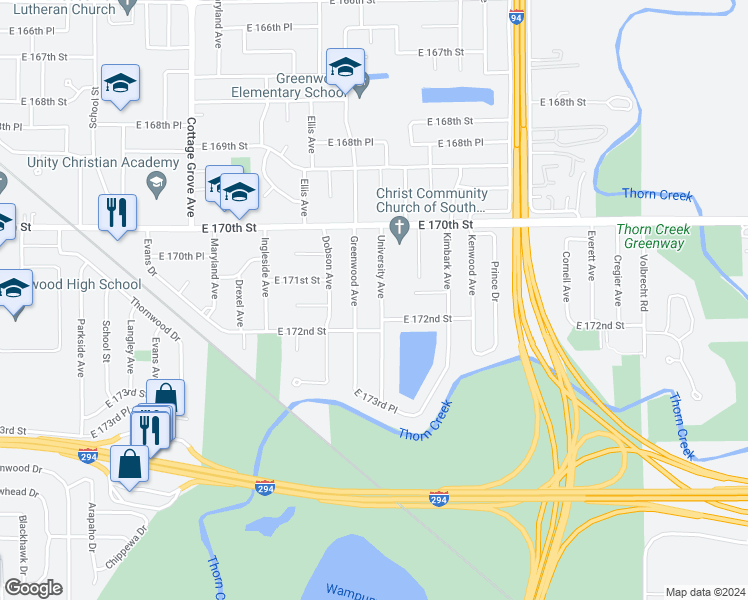 map of restaurants, bars, coffee shops, grocery stores, and more near 17120 University Avenue in South Holland