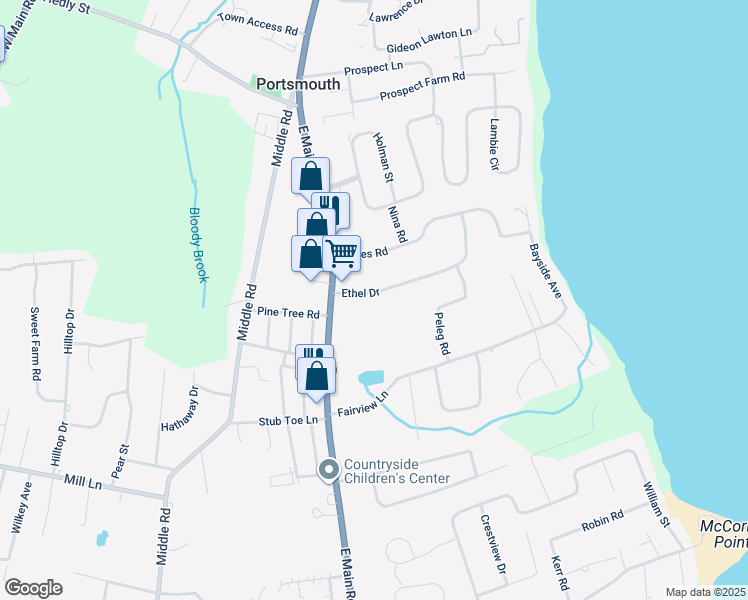 map of restaurants, bars, coffee shops, grocery stores, and more near 56 Ethel Drive in Portsmouth