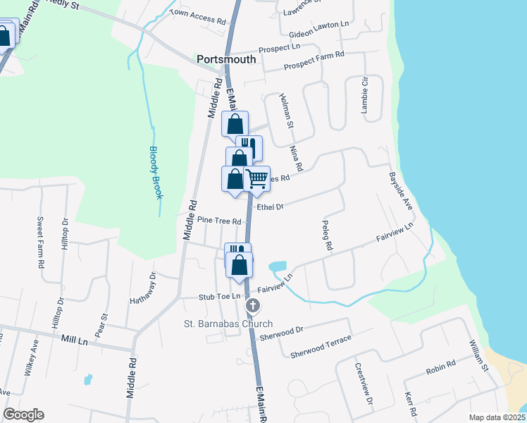 map of restaurants, bars, coffee shops, grocery stores, and more near 20 Ethel Drive in Portsmouth