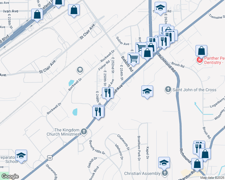 map of restaurants, bars, coffee shops, grocery stores, and more near 25180 Treadwell Avenue in Euclid