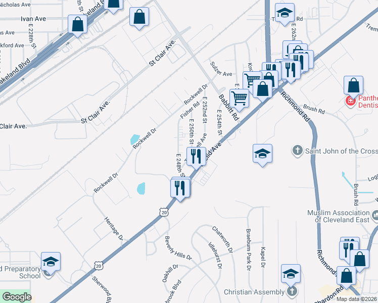 map of restaurants, bars, coffee shops, grocery stores, and more near 1507 East 248th Street in Euclid