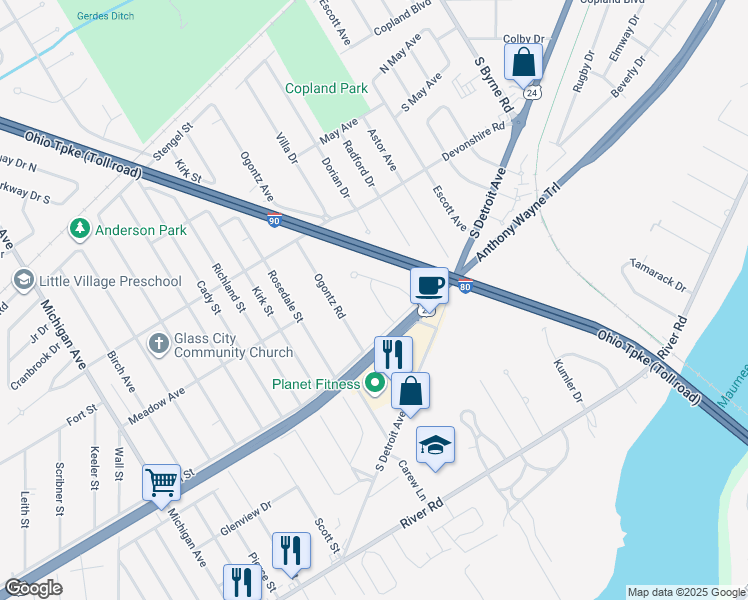 map of restaurants, bars, coffee shops, grocery stores, and more near 1017 Valley Grove Drive in Maumee