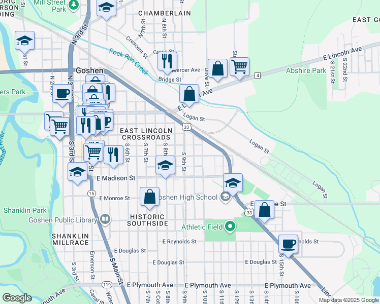 map of restaurants, bars, coffee shops, grocery stores, and more near 211 South 10th Street in Goshen