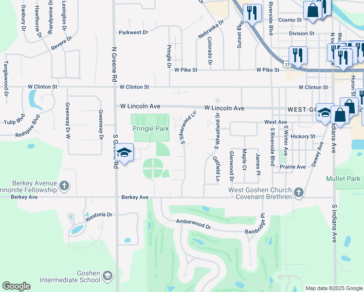 map of restaurants, bars, coffee shops, grocery stores, and more near 212 South Silverwood Lane in Goshen