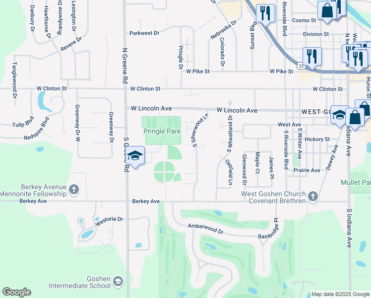 map of restaurants, bars, coffee shops, grocery stores, and more near 1825 Tiffany Court in Goshen