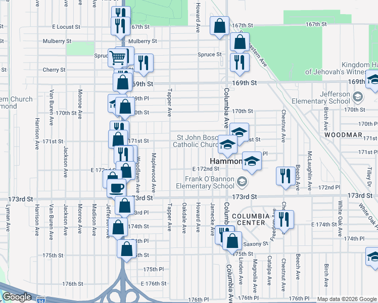 map of restaurants, bars, coffee shops, grocery stores, and more near in Hammond