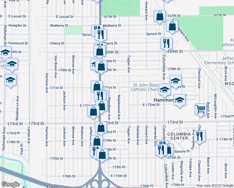 map of restaurants, bars, coffee shops, grocery stores, and more near 844 171st Street in Hammond