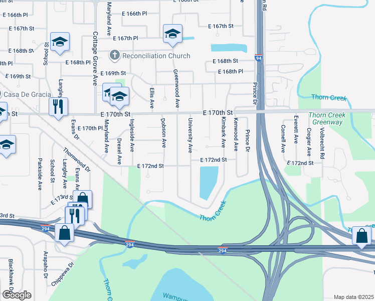 map of restaurants, bars, coffee shops, grocery stores, and more near 17103 University Avenue in South Holland