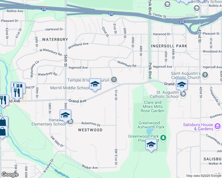 map of restaurants, bars, coffee shops, grocery stores, and more near 5101 Grand Avenue in Des Moines
