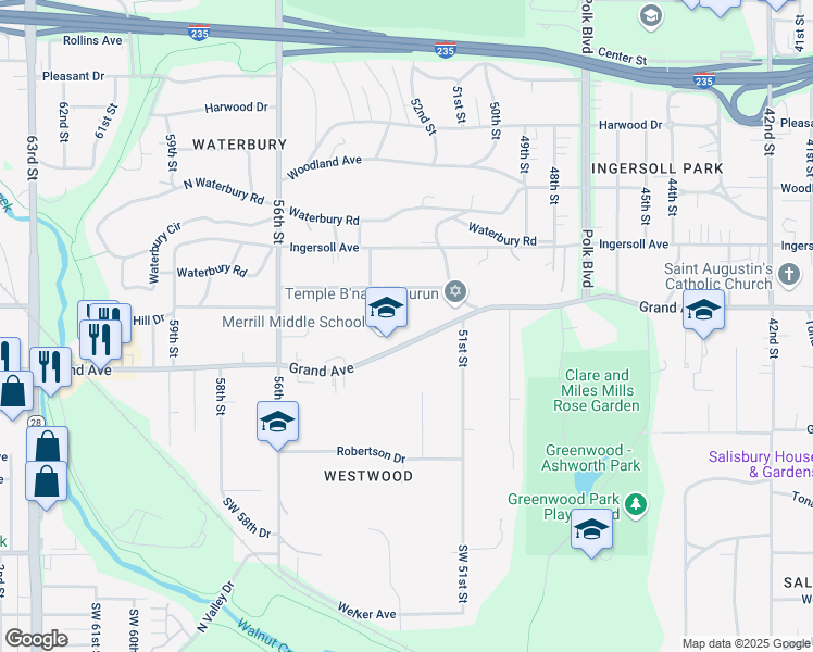 map of restaurants, bars, coffee shops, grocery stores, and more near 5130 Shriver Avenue in Des Moines