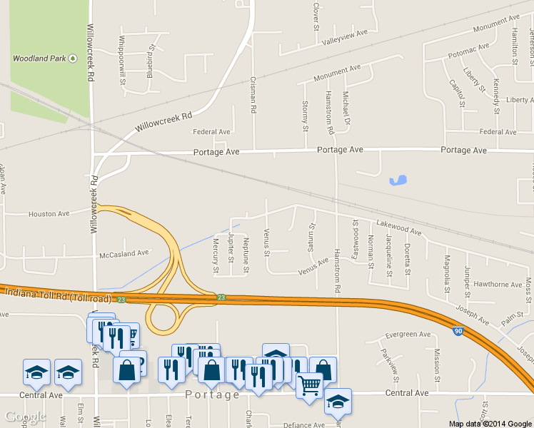 map of restaurants, bars, coffee shops, grocery stores, and more near 2377 Venus Street in Portage
