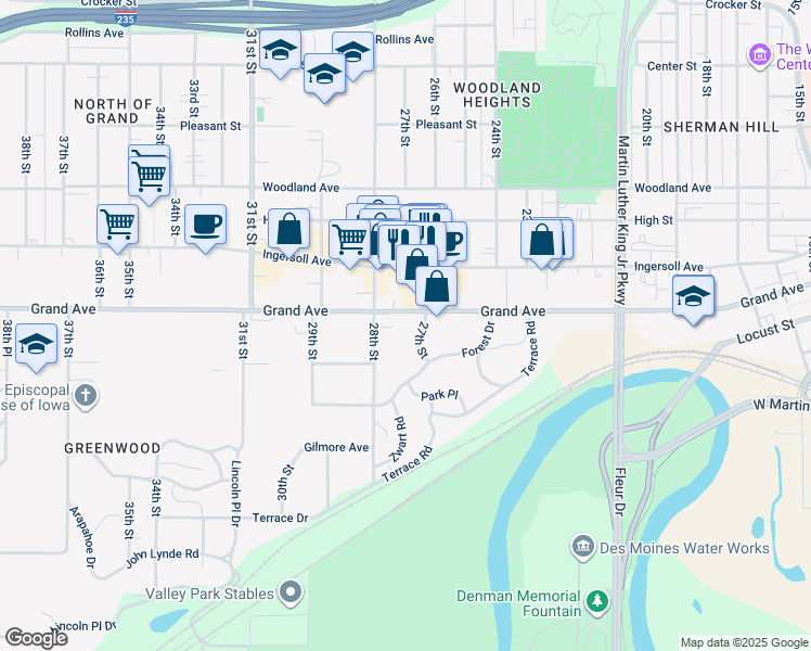 map of restaurants, bars, coffee shops, grocery stores, and more near 2515 Grand Avenue in Des Moines