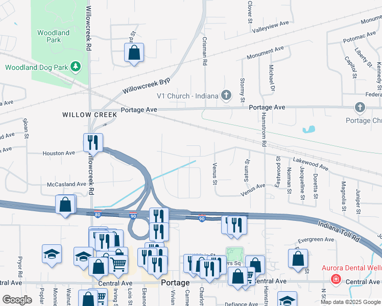 map of restaurants, bars, coffee shops, grocery stores, and more near 6234 Lakewood Avenue in Portage