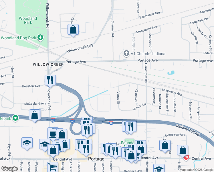 map of restaurants, bars, coffee shops, grocery stores, and more near 6242 Lakewood Avenue in Portage