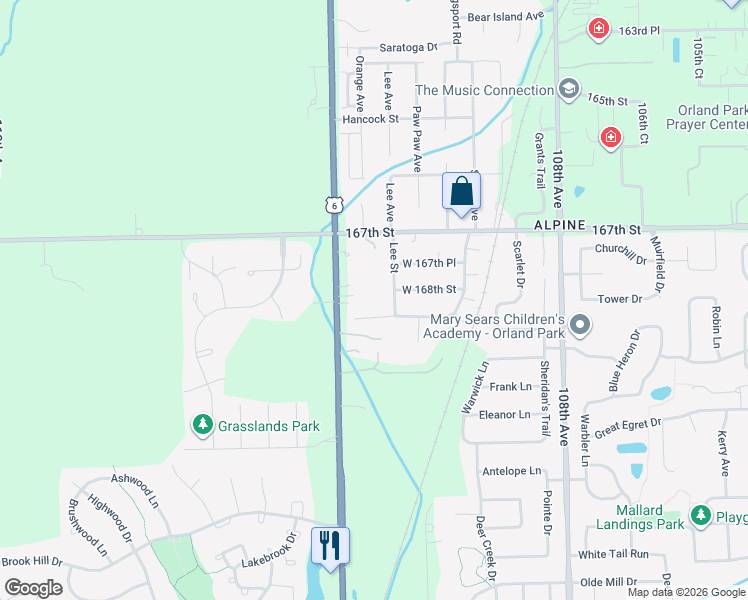 map of restaurants, bars, coffee shops, grocery stores, and more near 16738 Lee Street in Orland Park