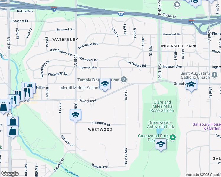 map of restaurants, bars, coffee shops, grocery stores, and more near 5130 Shriver Avenue in Des Moines