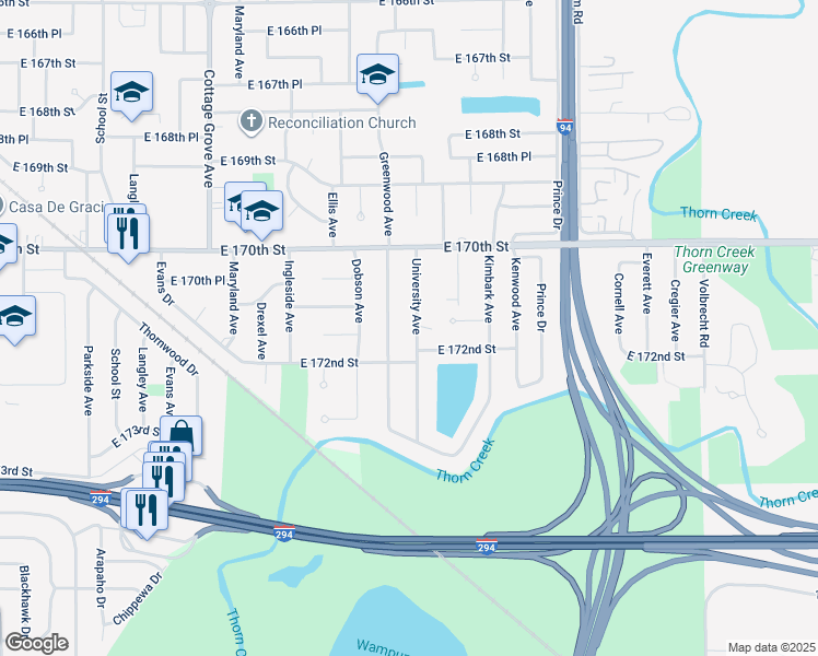 map of restaurants, bars, coffee shops, grocery stores, and more near 17103 University Avenue in South Holland