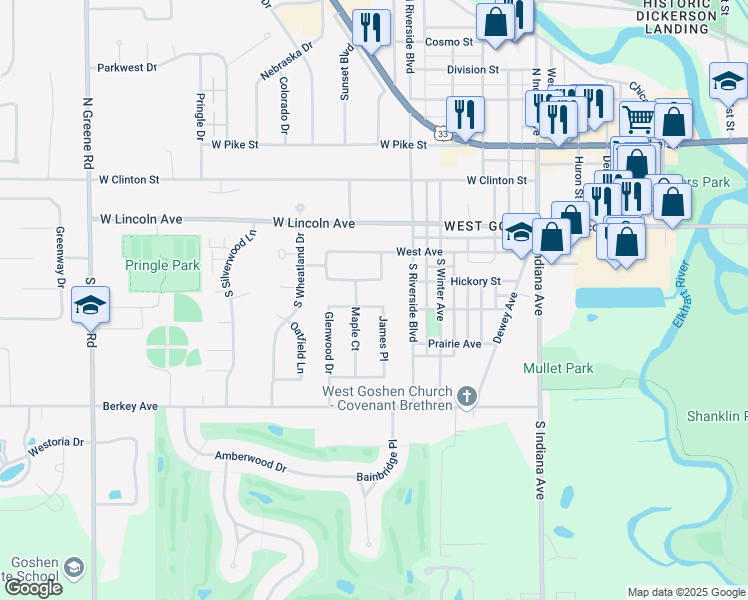 map of restaurants, bars, coffee shops, grocery stores, and more near 1506 Hickory Pl in Goshen