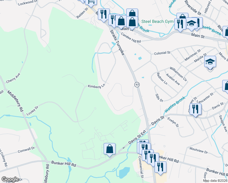 map of restaurants, bars, coffee shops, grocery stores, and more near 282 Oak Drive in Watertown