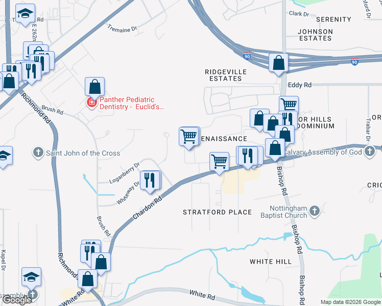 map of restaurants, bars, coffee shops, grocery stores, and more near 27505 Chardon Road in Willoughby Hills
