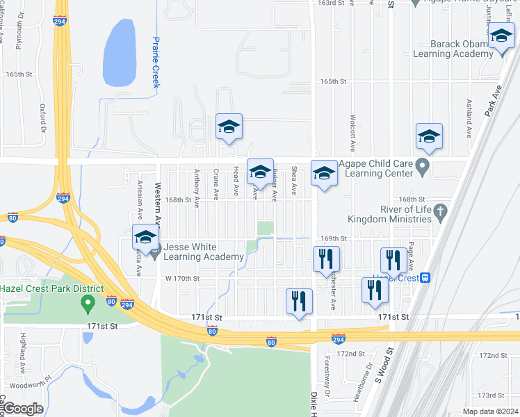 map of restaurants, bars, coffee shops, grocery stores, and more near 16815 Trapet Avenue in Hazel Crest