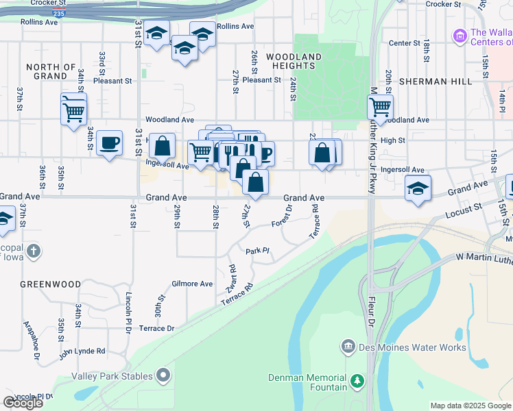 map of restaurants, bars, coffee shops, grocery stores, and more near 2515 Grand Avenue in Des Moines
