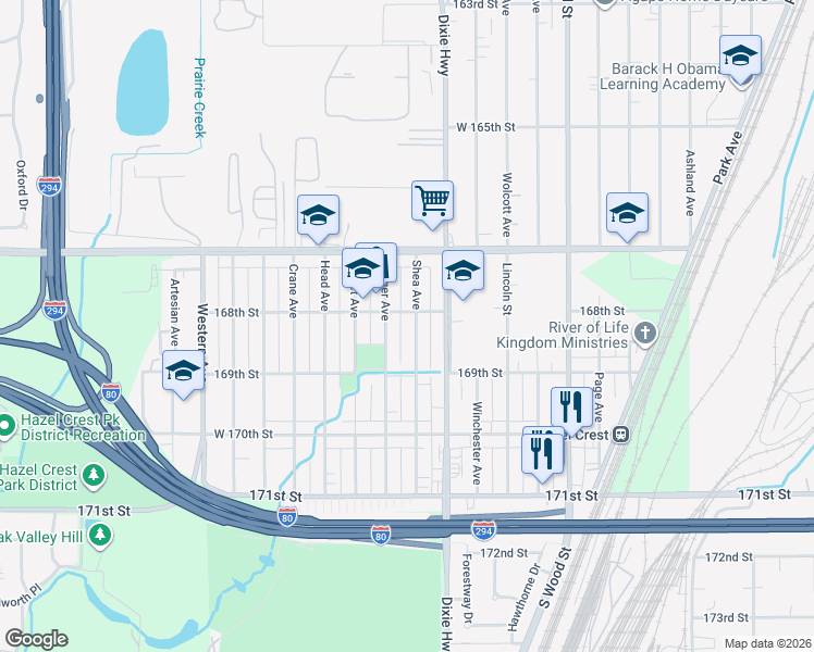map of restaurants, bars, coffee shops, grocery stores, and more near 16785 Bulger Avenue in Hazel Crest