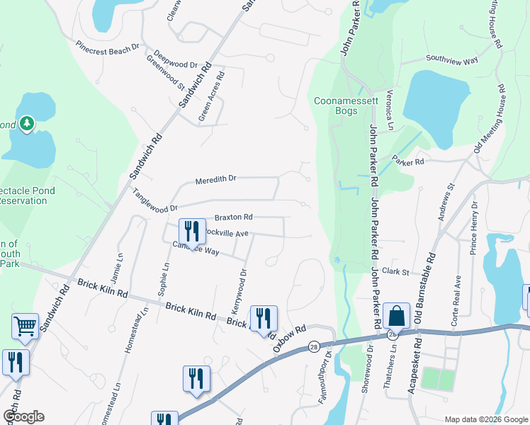 map of restaurants, bars, coffee shops, grocery stores, and more near 125 Tanglewood Drive in Falmouth