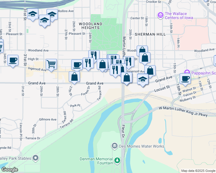 map of restaurants, bars, coffee shops, grocery stores, and more near 2137 Grand Avenue in Des Moines