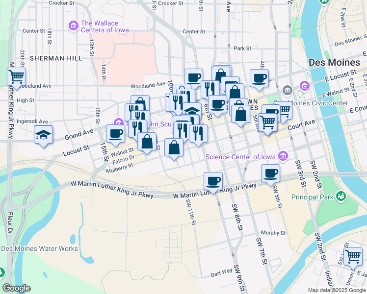 map of restaurants, bars, coffee shops, grocery stores, and more near 200 10th Street in Des Moines