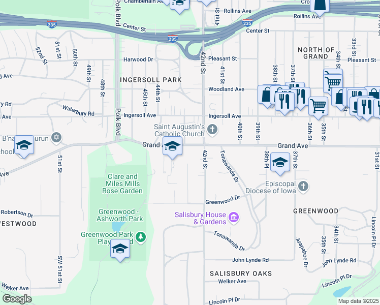 map of restaurants, bars, coffee shops, grocery stores, and more near 4220 Grand Avenue in Des Moines