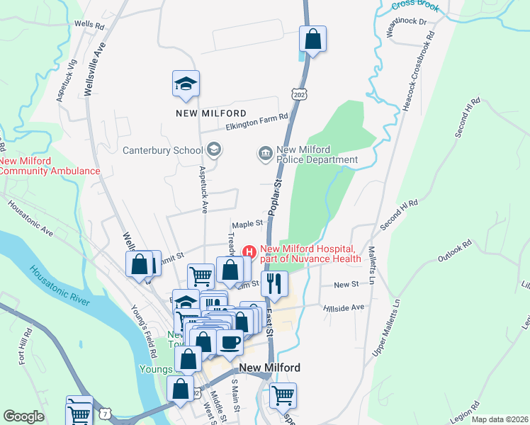 map of restaurants, bars, coffee shops, grocery stores, and more near 27 Hill Drive in New Milford