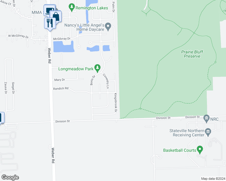 map of restaurants, bars, coffee shops, grocery stores, and more near 16460 Kingsbrook Drive in Crest Hill