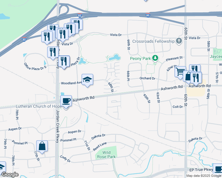 map of restaurants, bars, coffee shops, grocery stores, and more near 1025 68th Street in West Des Moines