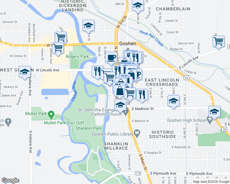 map of restaurants, bars, coffee shops, grocery stores, and more near 219 South 3rd Street in Goshen