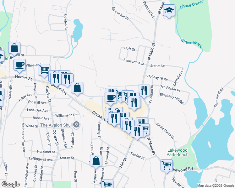 map of restaurants, bars, coffee shops, grocery stores, and more near 55 Kearney Drive in Waterbury