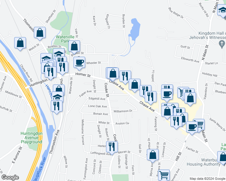 map of restaurants, bars, coffee shops, grocery stores, and more near 577 Chase Avenue in Waterbury