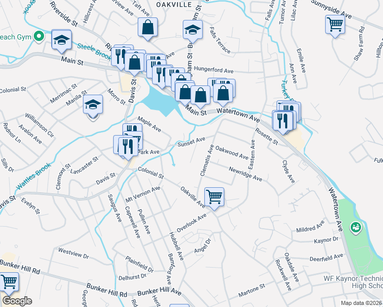 map of restaurants, bars, coffee shops, grocery stores, and more near 58 Sunset Avenue in Watertown