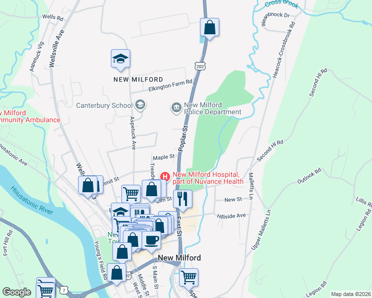 map of restaurants, bars, coffee shops, grocery stores, and more near 34 Poplar Street in New Milford