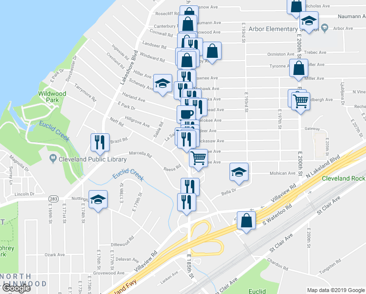 map of restaurants, bars, coffee shops, grocery stores, and more near 18405 Edgerton Road in Cleveland