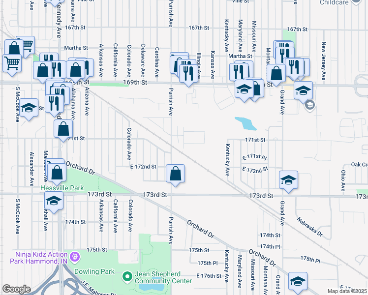 map of restaurants, bars, coffee shops, grocery stores, and more near 7105-07 Parrish Avenue in Hammond