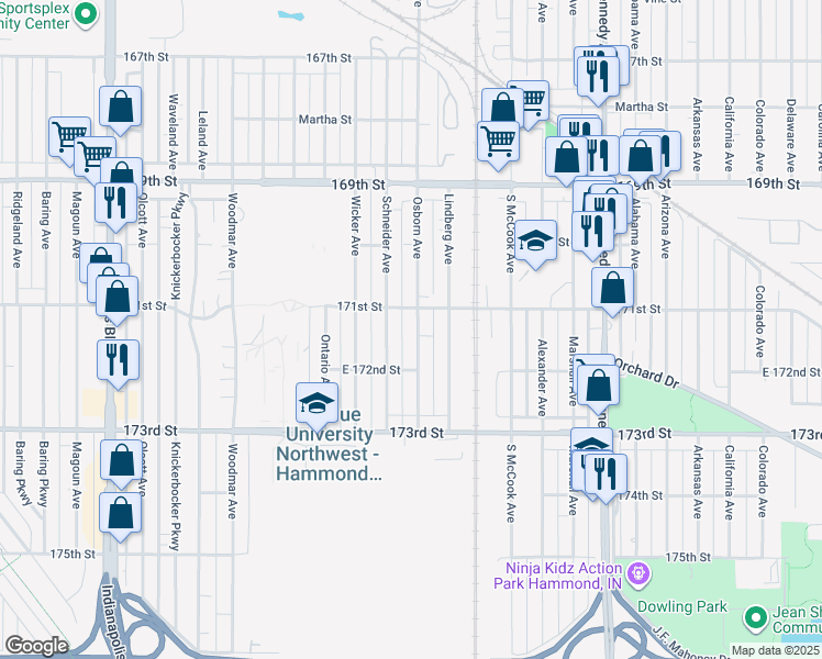 map of restaurants, bars, coffee shops, grocery stores, and more near 7108 Osborn Avenue in Hammond