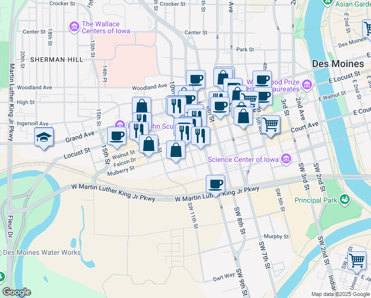 map of restaurants, bars, coffee shops, grocery stores, and more near 1100 Locust Street in Des Moines
