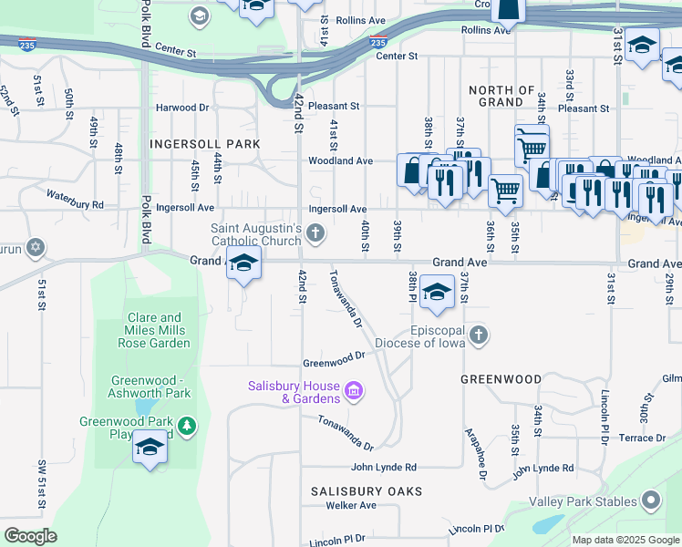 map of restaurants, bars, coffee shops, grocery stores, and more near 4021 Grand Avenue in Des Moines